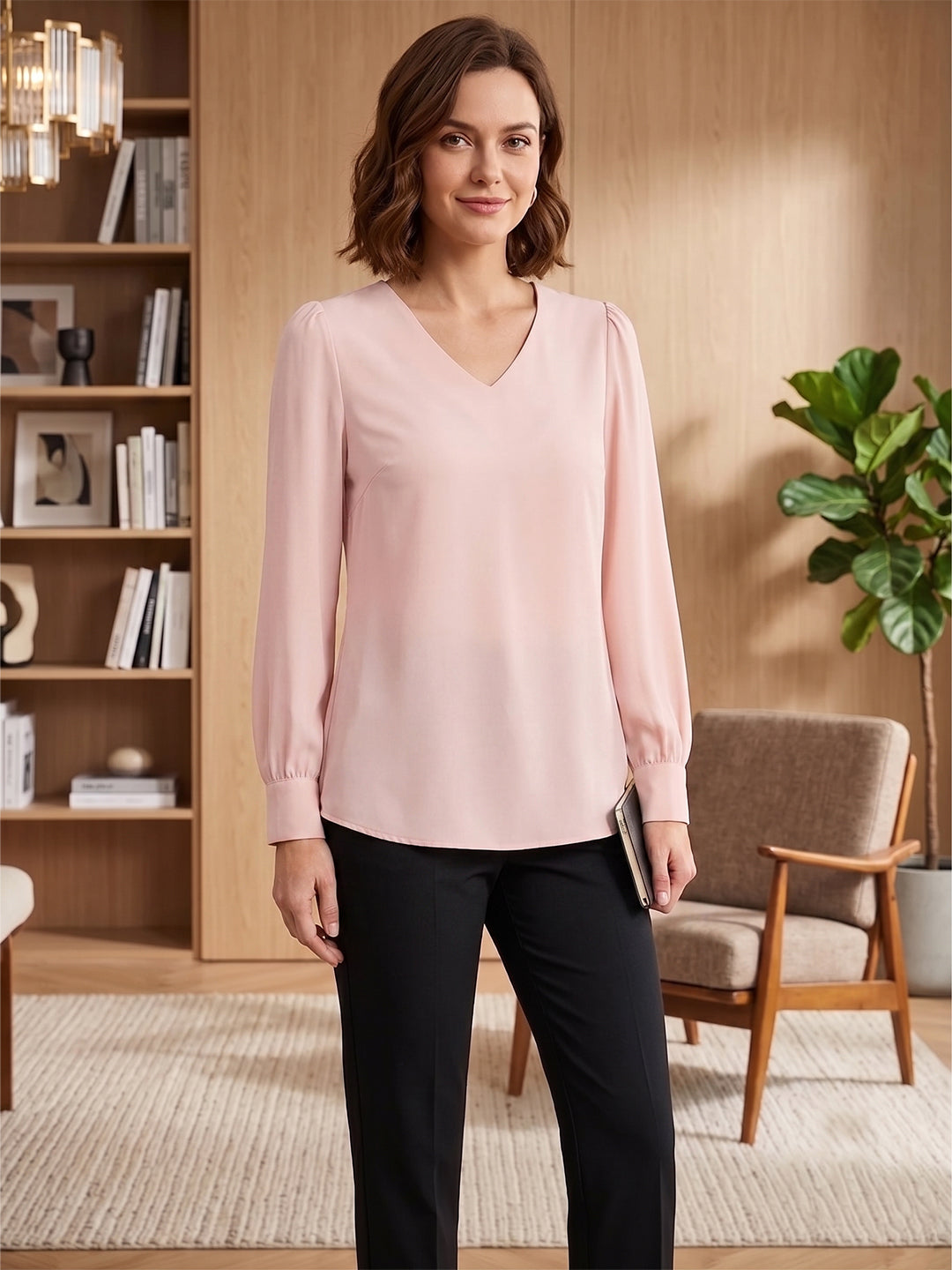 Ray Light Women’s Pink Crepe V-Neck Full Sleeve Top | Elegant Casual & Office Wear Main image