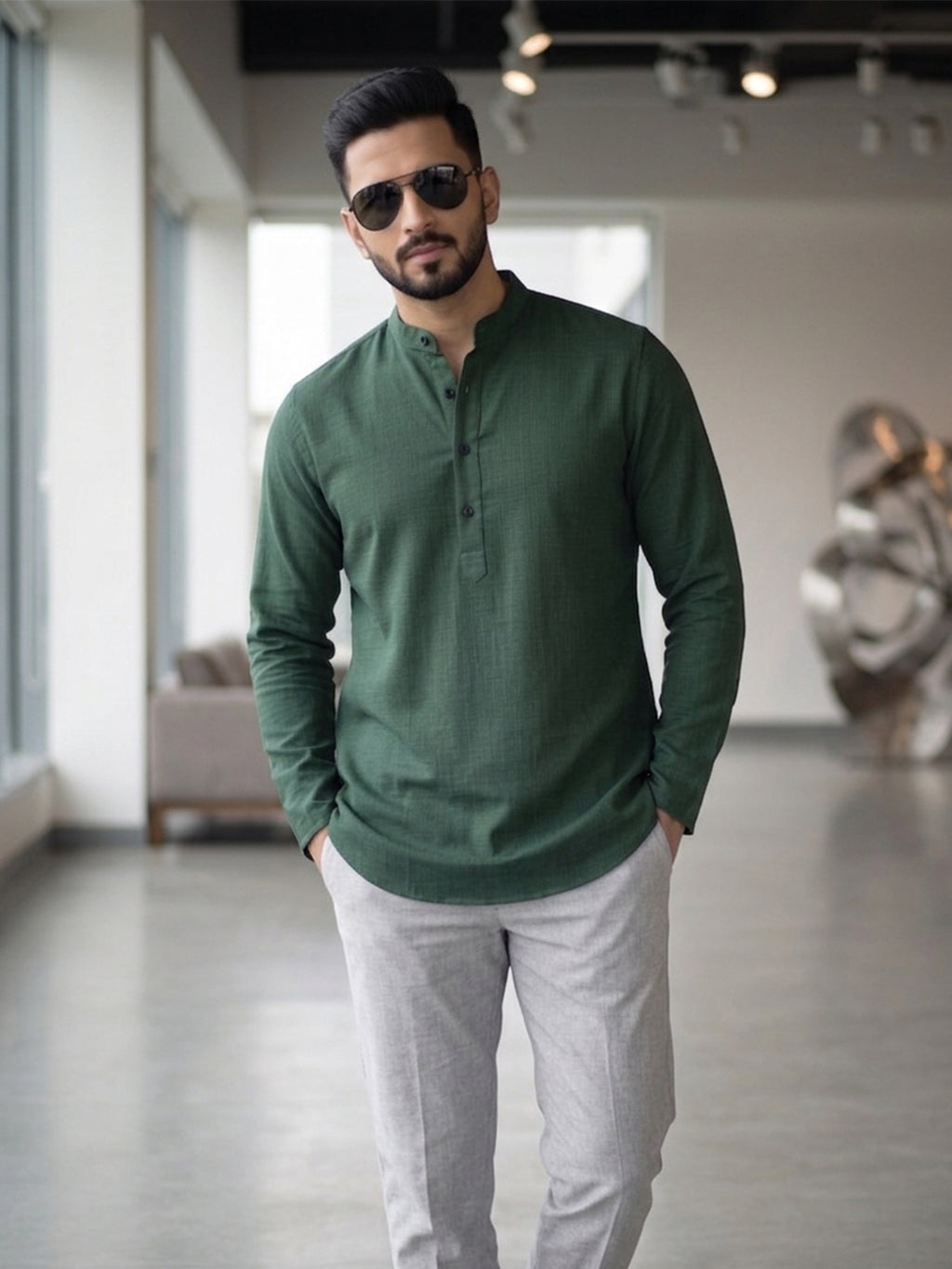 RAY LIGHT Men's Essential Solid Cotton Short Kurta – Sand Beige with Cuffless Sleeves