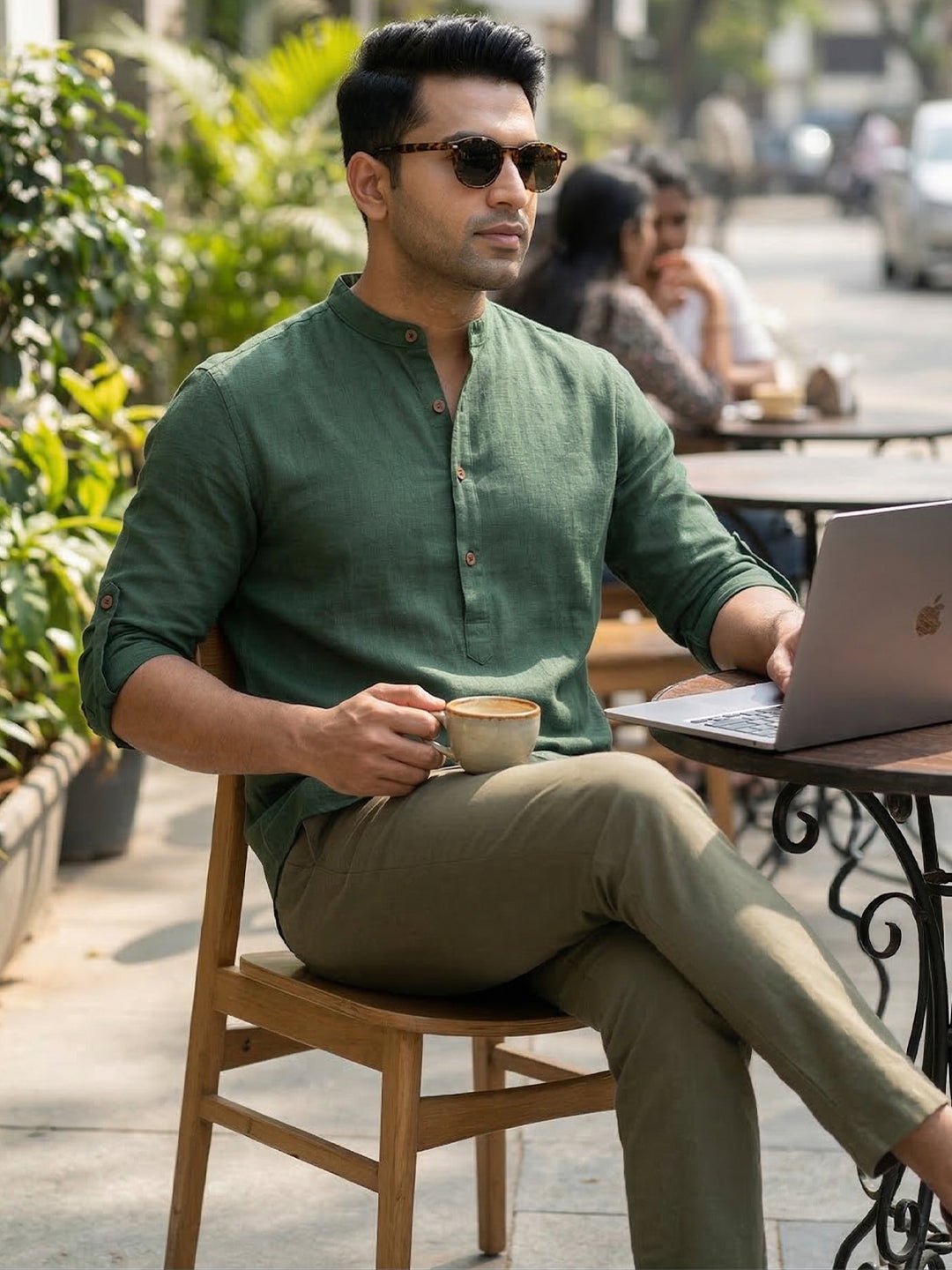 RAY LIGHT Men's 100% Cotton Solid Short Kurta – Mandarin Collar with Roll-Up Sleeves