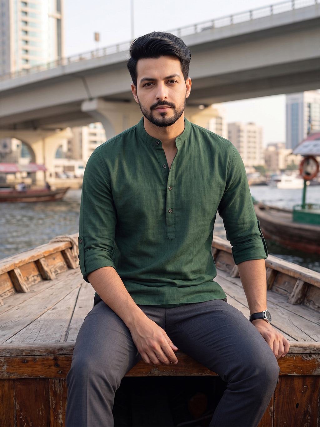 Men's Signature 100% Cotton Short Kurta | Mandarin Collar | RAY LIGHT