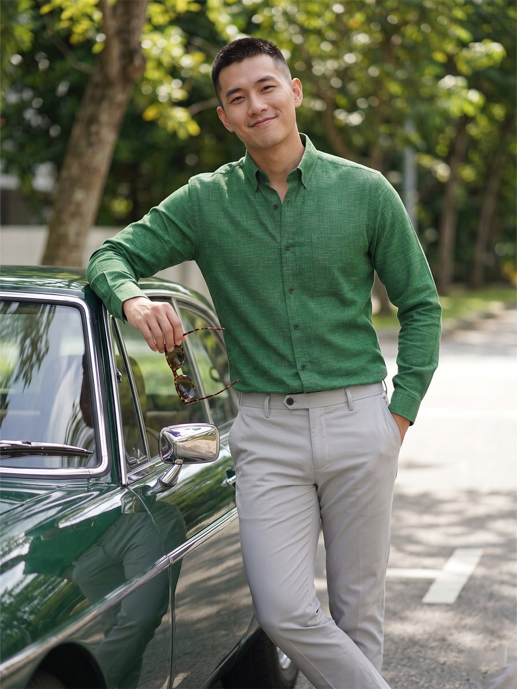RAY LIGHT Men's Textured Print Poplin Casual Shirt – Dark Green