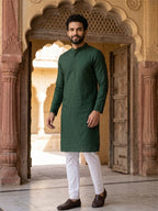 RAY LIGHT Men's Classic Solid Cotton Long Kurta – Dark Green with Dual Side Pockets