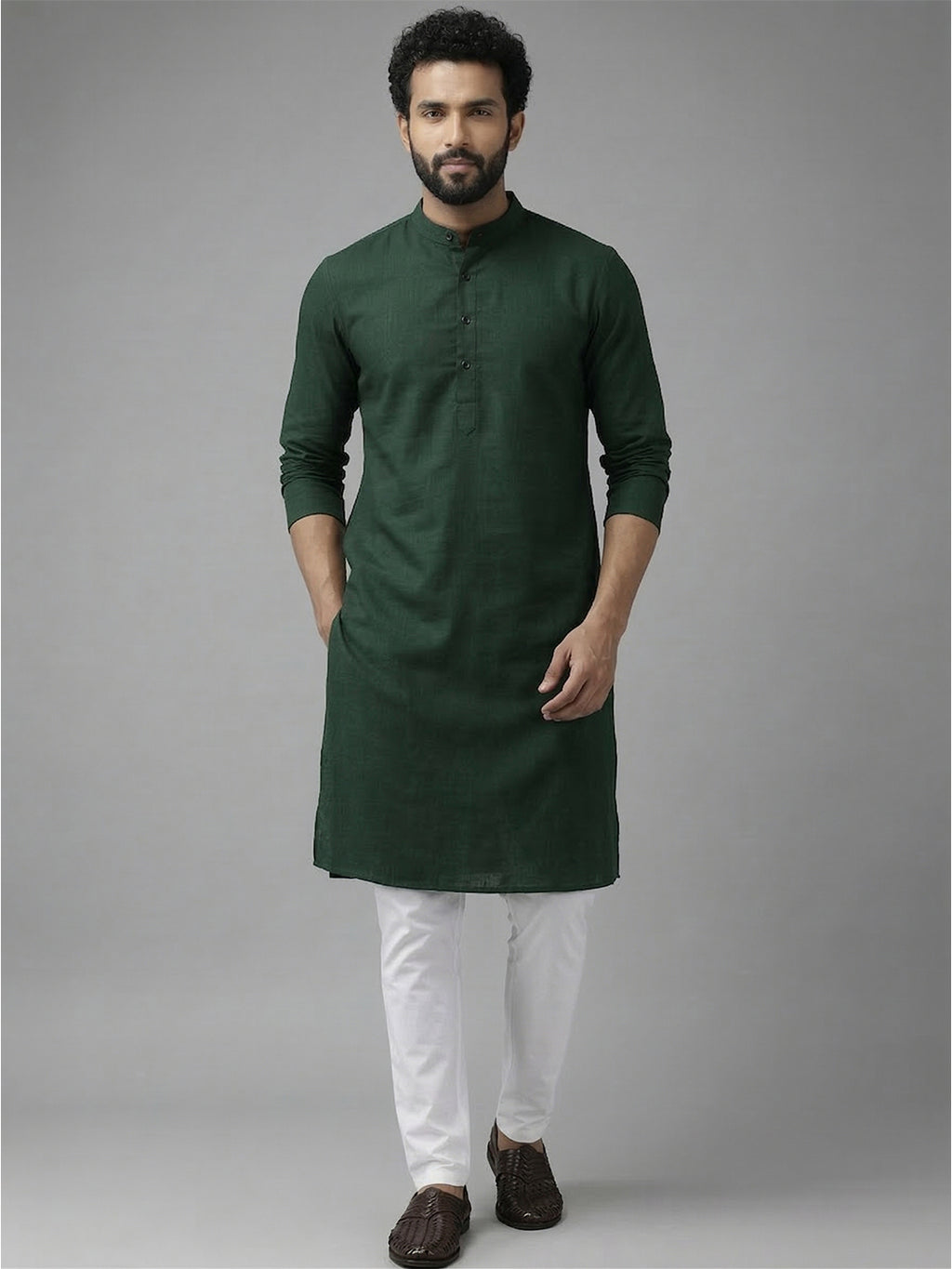 RAY LIGHT Men's Classic Solid Cotton Long Kurta – Dark Green with Dual Side Pockets