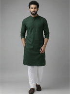 RAY LIGHT Men's Classic Solid Cotton Long Kurta – Dark Green with Dual Side Pockets