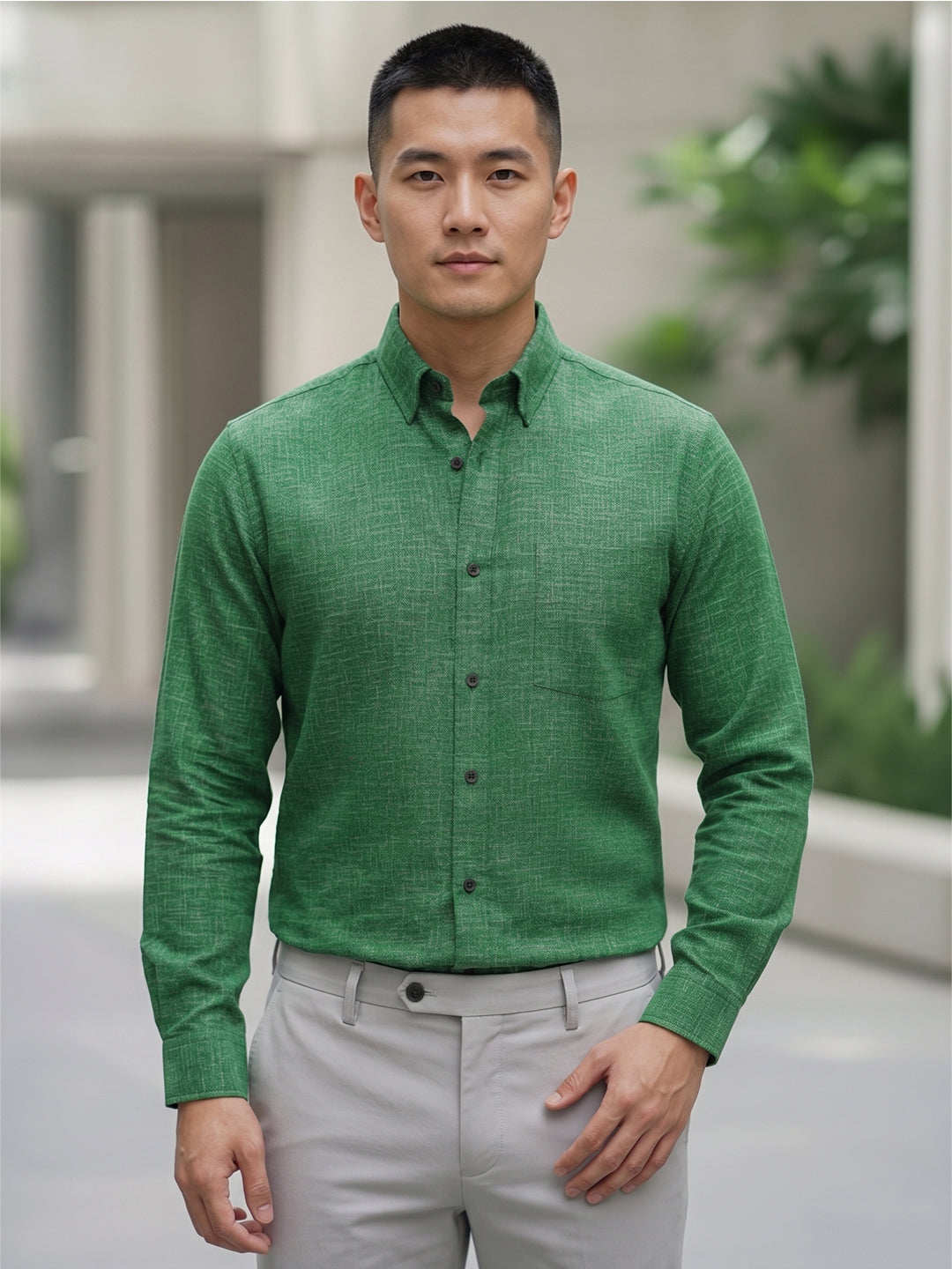 RAY LIGHT Men's Textured Print Poplin Casual Shirt – Dark Green