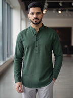 RAY LIGHT Men's Essential Solid Cotton Short Kurta – Sand Beige with Cuffless Sleeves