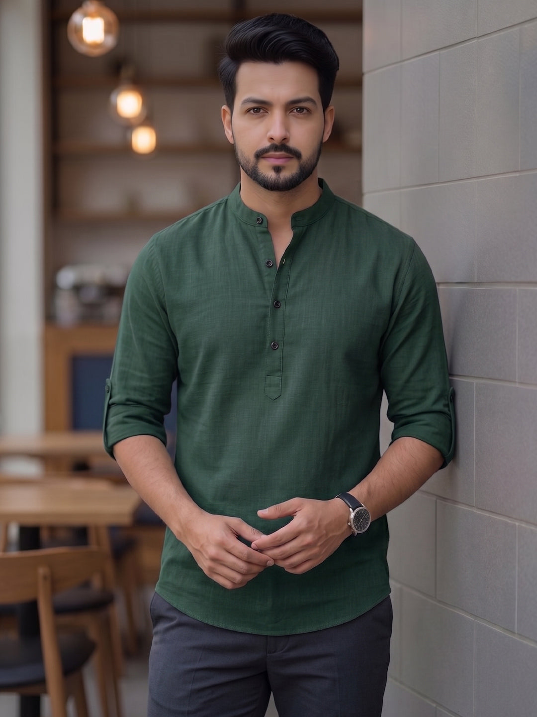 Men's Signature 100% Cotton Short Kurta | Mandarin Collar | RAY LIGHT