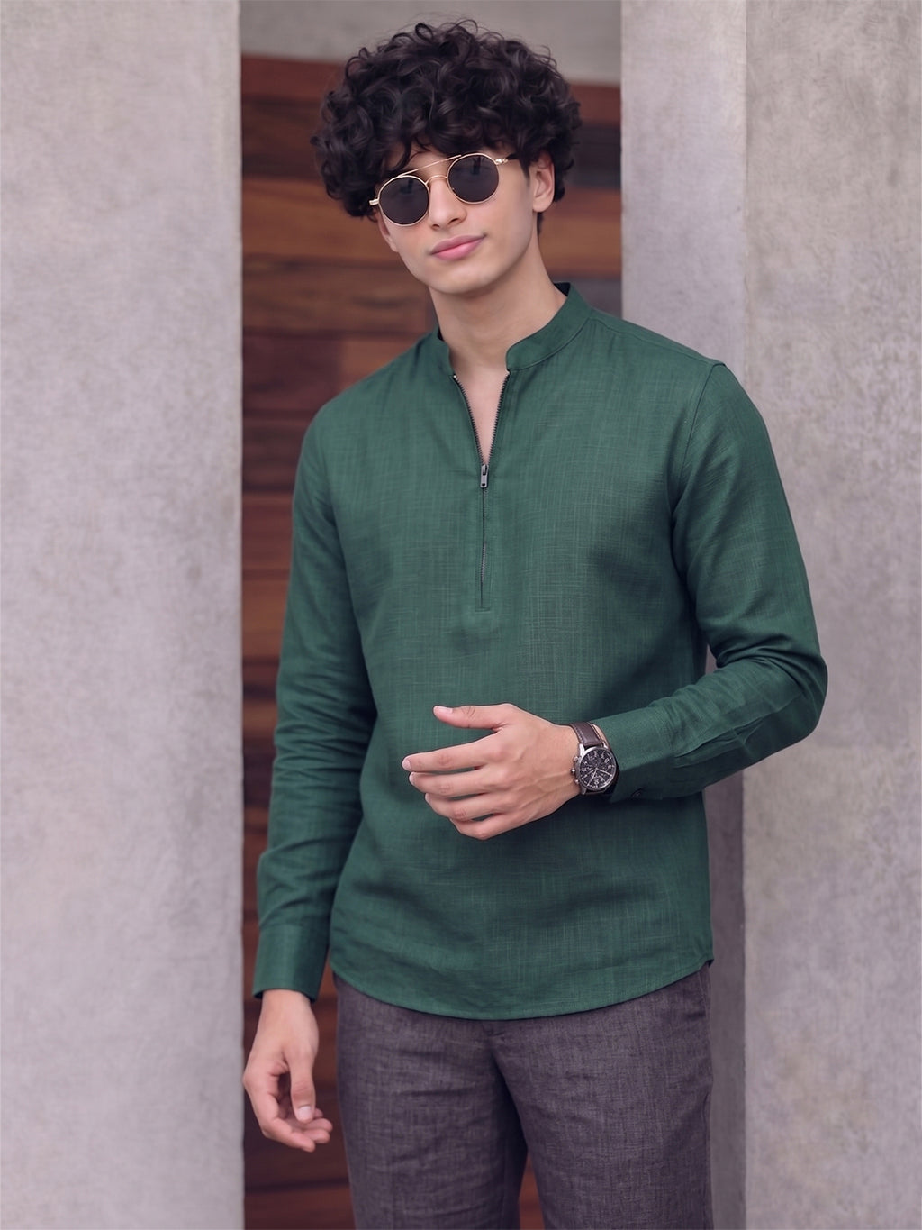 RAY LIGHT Men's Modern Zip-Neck Solid Cotton Short Kurta – Rust Brown
