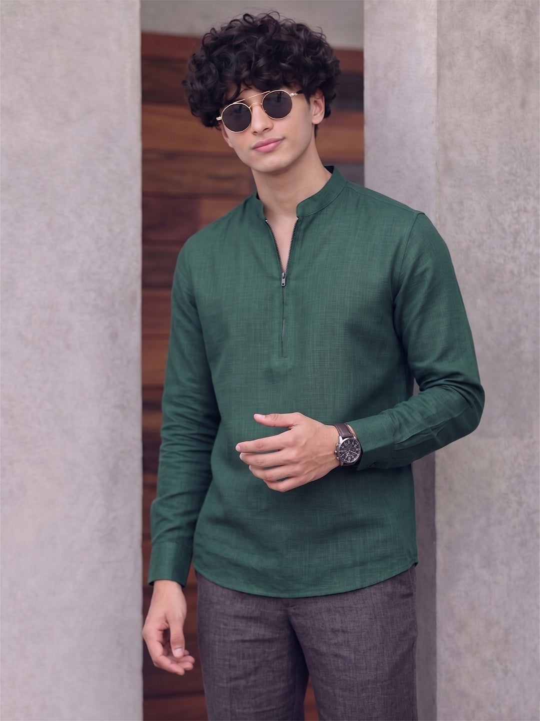 RAY LIGHT Men's Modern Zip-Neck Solid Cotton Short Kurta – Rust Brown