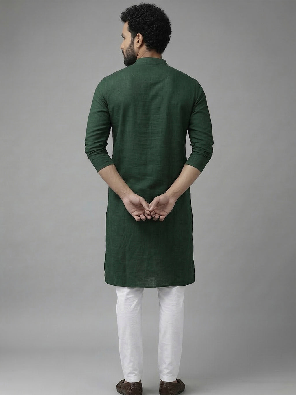 RAY LIGHT Men's Classic Solid Cotton Long Kurta – Dark Green with Dual Side Pockets