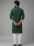 RAY LIGHT Men's Classic Solid Cotton Long Kurta – Dark Green with Dual Side Pockets