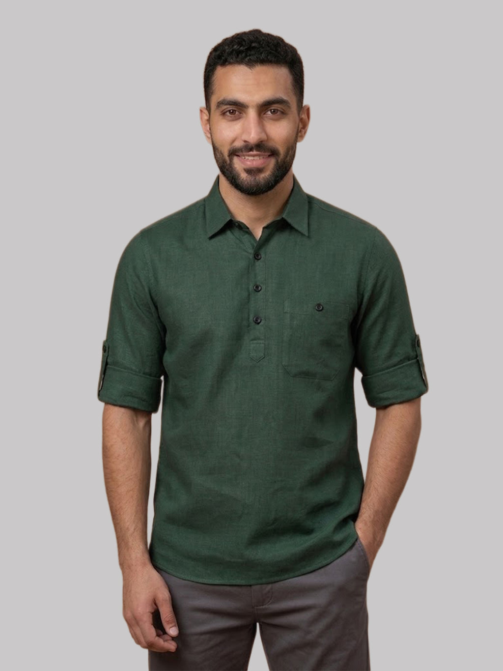 RAY LIGHT Men's Essential Solid Cotton Short Kurta – Black with Roll-Up Sleeves
