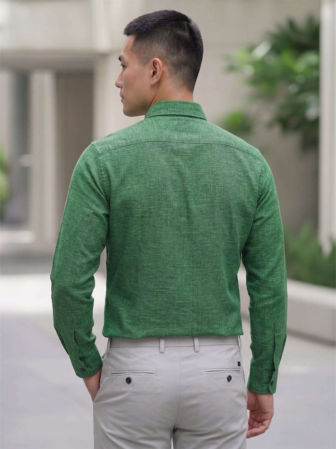 RAY LIGHT Men's Textured Print Poplin Casual Shirt – Dark Green