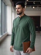 RAY LIGHT Men's Essential Solid Cotton Short Kurta – Sand Beige with Cuffless Sleeves