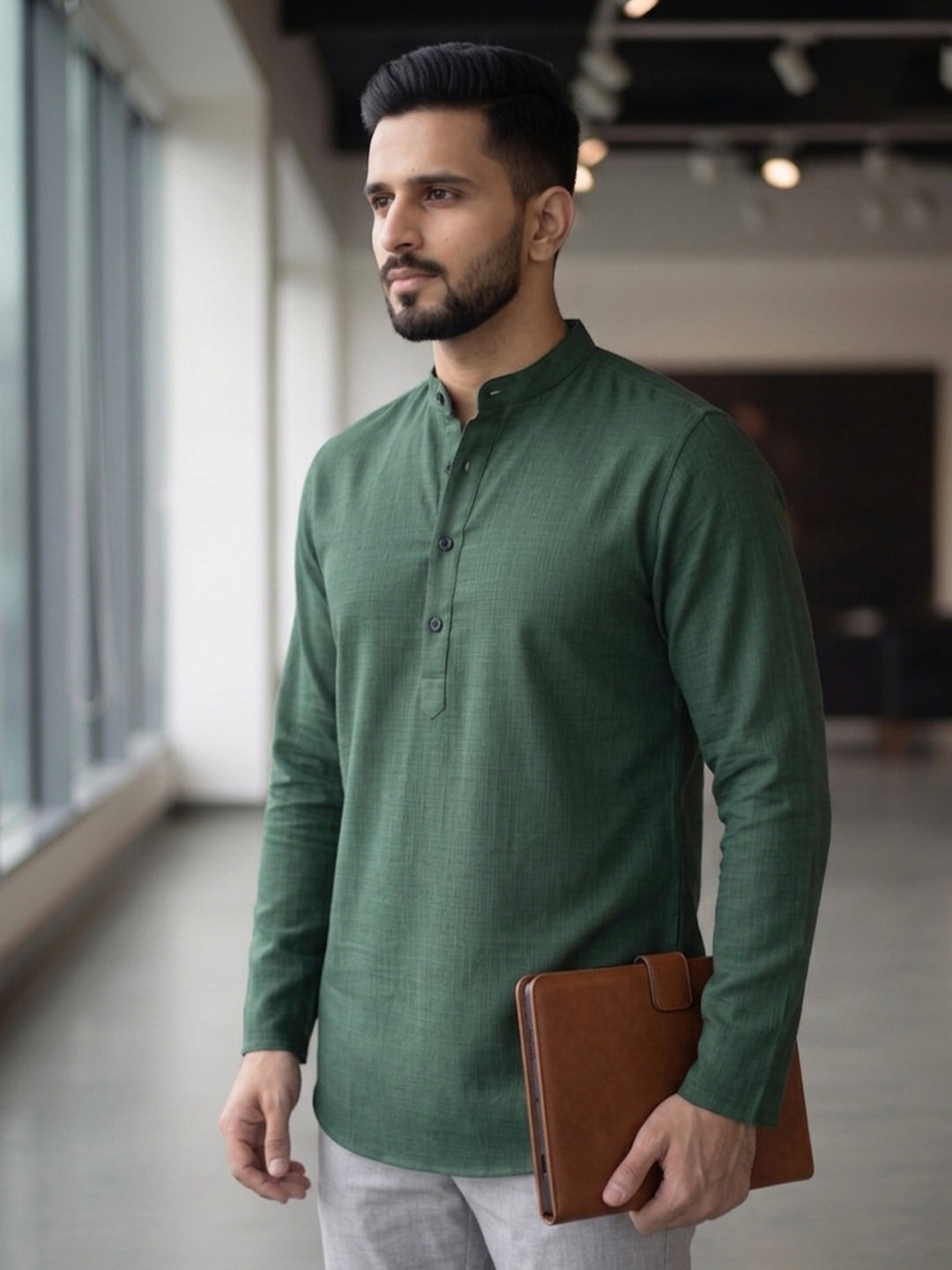 RAY LIGHT Men's Essential Solid Cotton Short Kurta – Sand Beige with Cuffless Sleeves