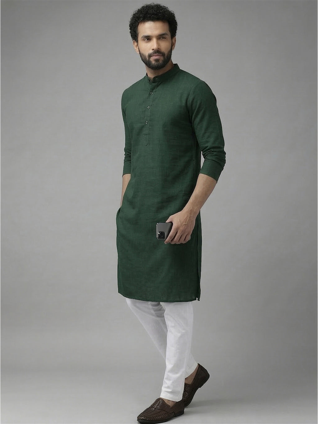RAY LIGHT Men's Classic Solid Cotton Long Kurta – Dark Green with Dual Side Pockets