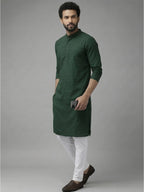 RAY LIGHT Men's Classic Solid Cotton Long Kurta – Dark Green with Dual Side Pockets