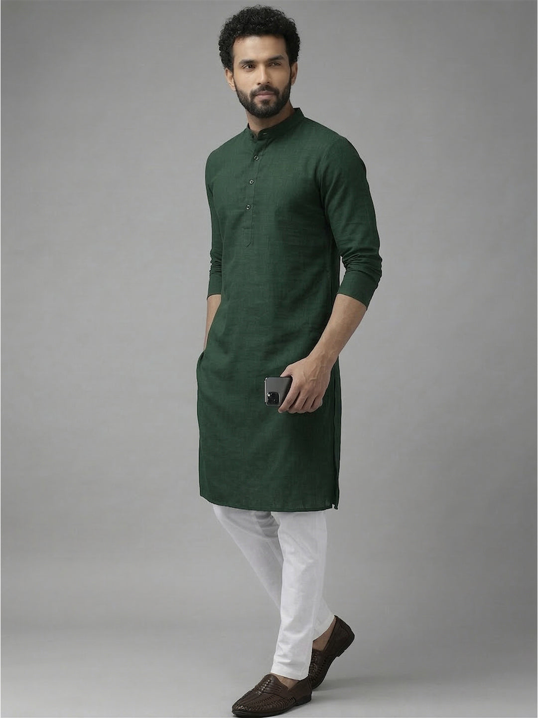 RAY LIGHT Men's Classic Solid Cotton Long Kurta – Dark Green with Dual Side Pockets