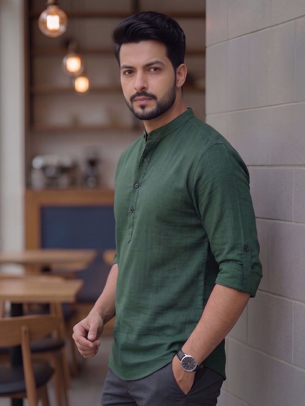 Men's Signature 100% Cotton Short Kurta | Mandarin Collar | RAY LIGHT