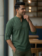 RAY LIGHT Men's 100% Cotton Solid Short Kurta – Mandarin Collar with Roll-Up Sleeves