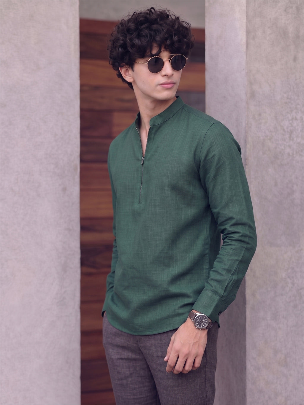 RAY LIGHT Men's Modern Zip-Neck Solid Cotton Short Kurta – Rust Brown