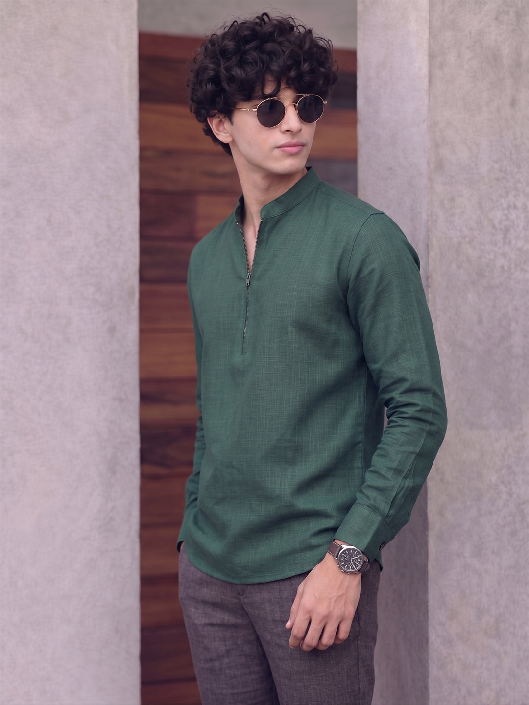RAY LIGHT Men's Modern Zip-Neck Solid Cotton Short Kurta – Rust Brown