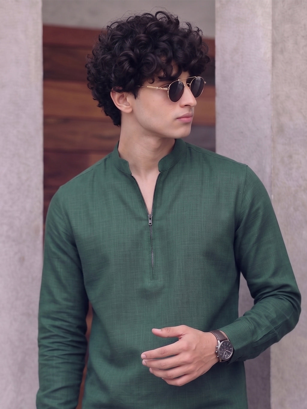 RAY LIGHT Men's Modern Zip-Neck Solid Cotton Short Kurta – Rust Brown
