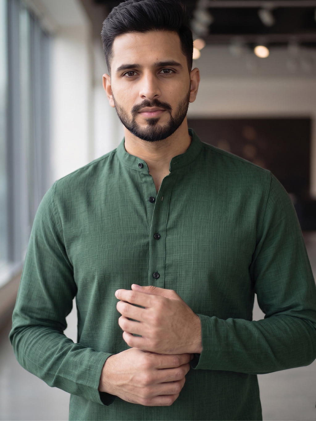 RAY LIGHT Men's Essential Solid Cotton Short Kurta – Sand Beige with Cuffless Sleeves