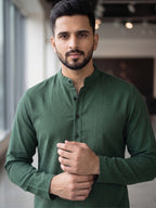 RAY LIGHT Men's Essential Solid Cotton Short Kurta – Sand Beige with Cuffless Sleeves