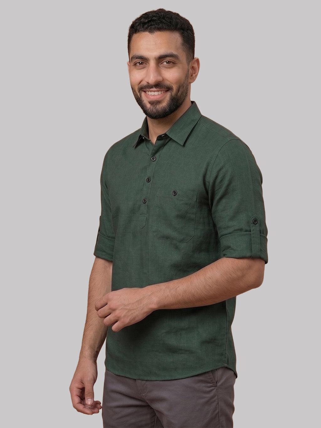 RAY LIGHT Men's Essential Solid Cotton Short Kurta – Black with Roll-Up Sleeves
