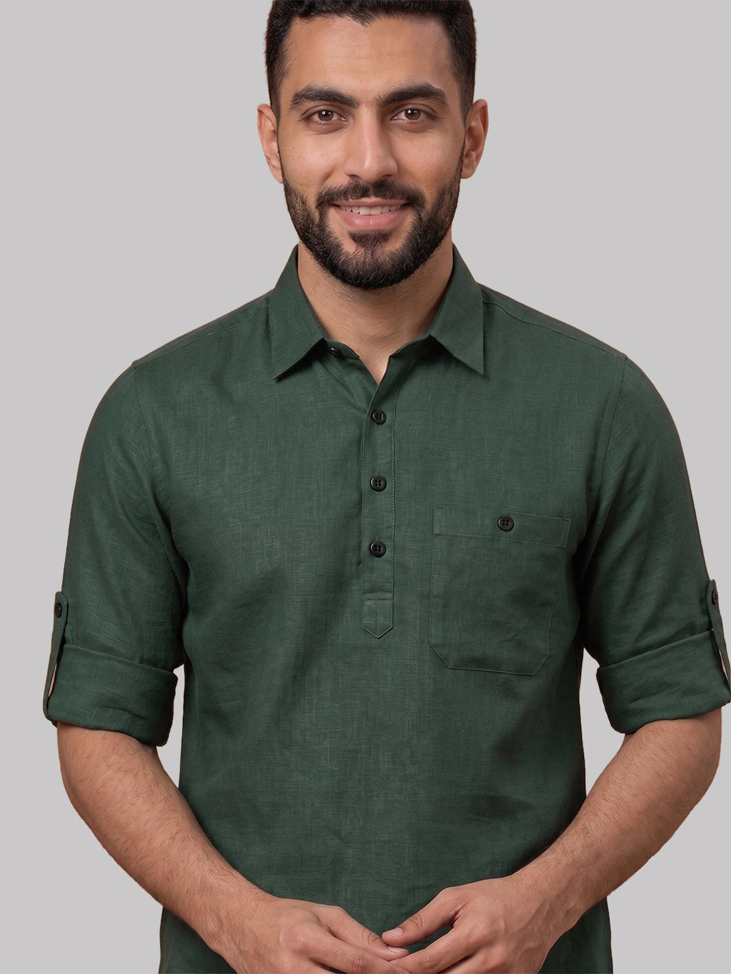 RAY LIGHT Men's Essential Solid Cotton Short Kurta – Black with Roll-Up Sleeves