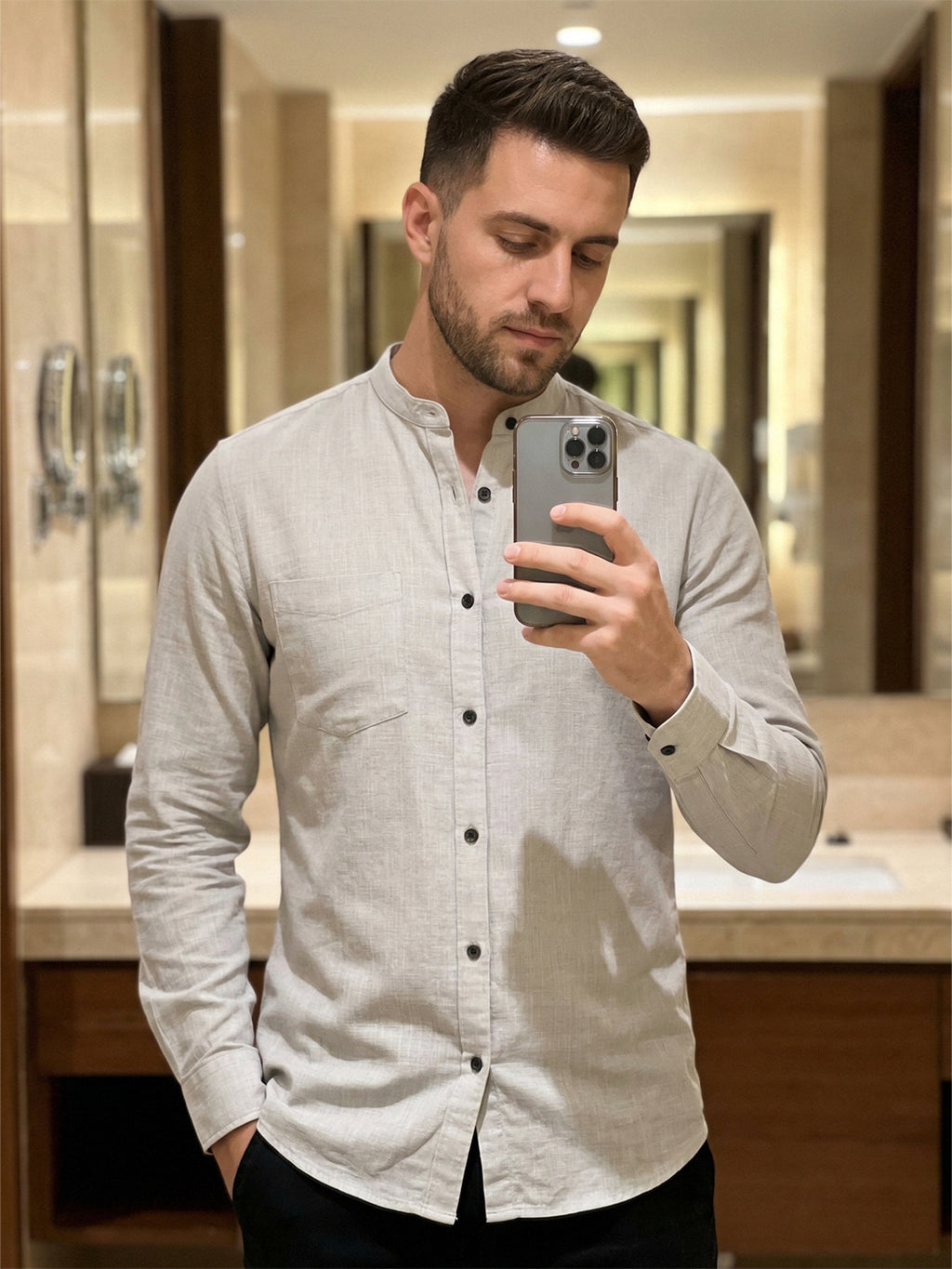 RAY LIGHT Men's Modern Solid Casual Shirt – Chinese Collar with Chest Pocket