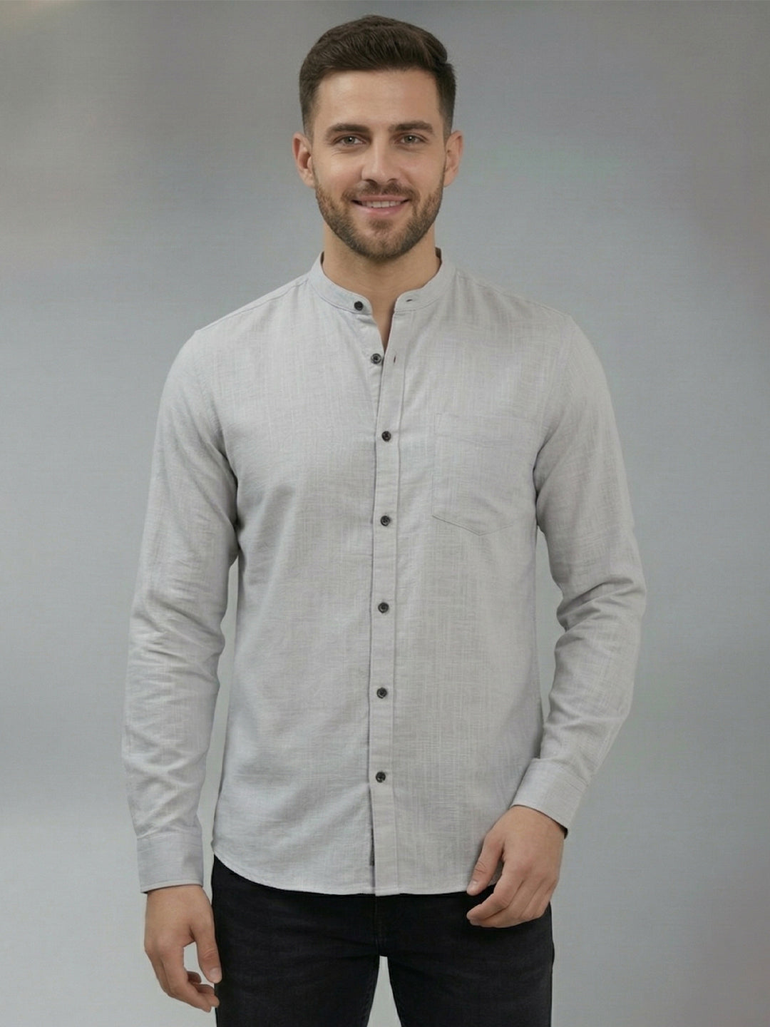 RAY LIGHT Men's Modern Solid Casual Shirt – Chinese Collar with Chest Pocket