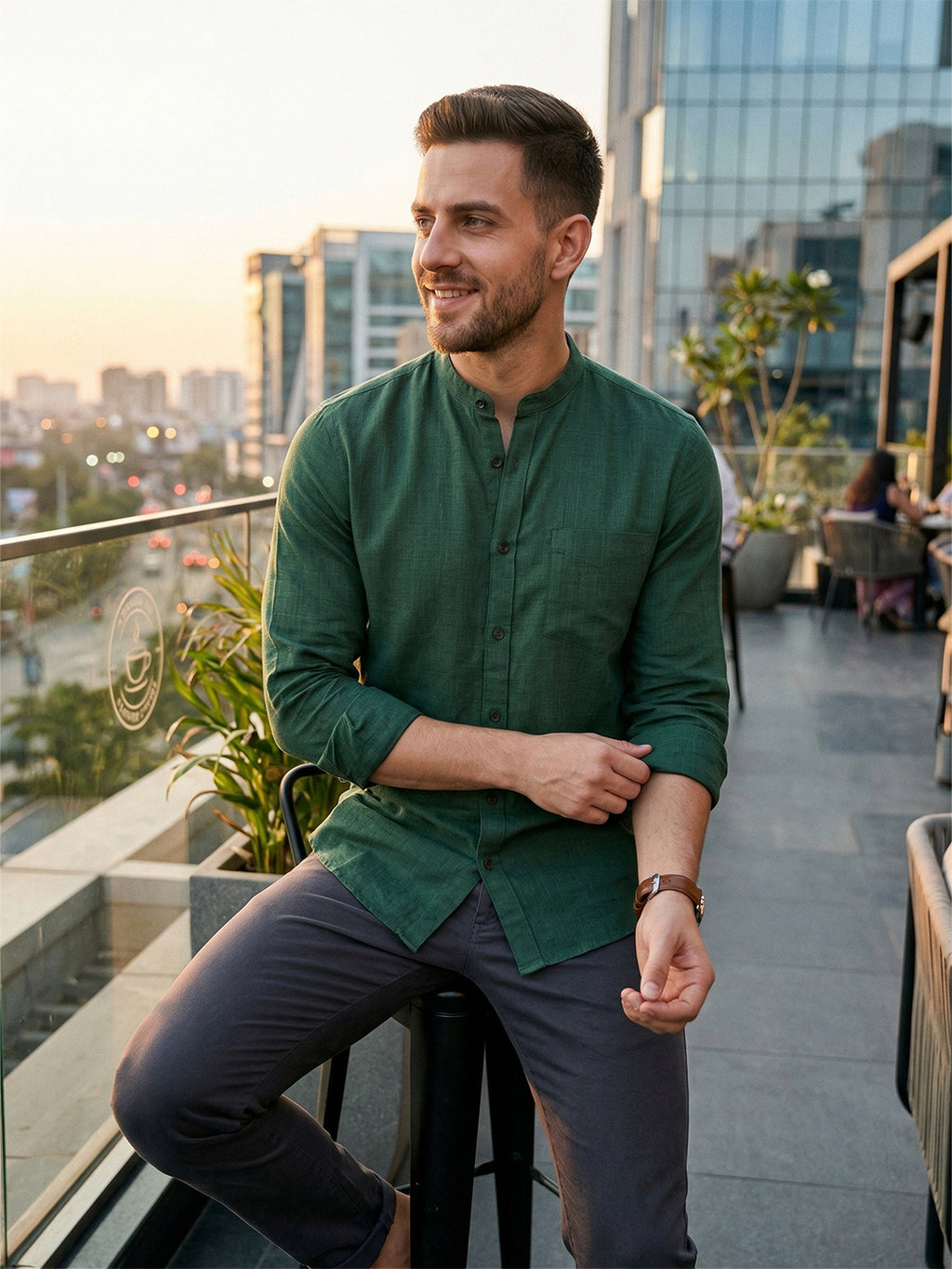 RAY LIGHT Men's Modern Solid Casual Shirt – Chinese Collar with Chest Pocket