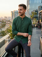 RAY LIGHT Men's Modern Solid Casual Shirt – Chinese Collar with Chest Pocket