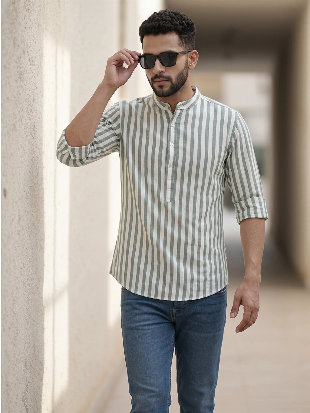 RAY LIGHT Men's Classic Vertical Stripe Cotton Short Kurta – Sage Green & White