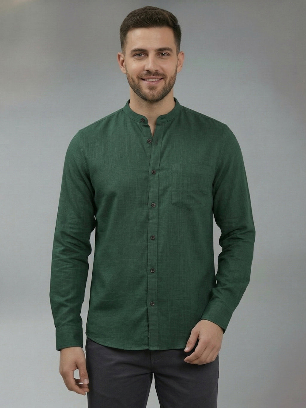 RAY LIGHT Men's Modern Solid Casual Shirt – Chinese Collar with Chest Pocket