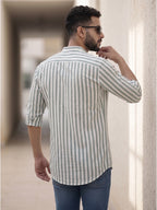 RAY LIGHT Men's Classic Vertical Stripe Cotton Short Kurta – Sage Green & White
