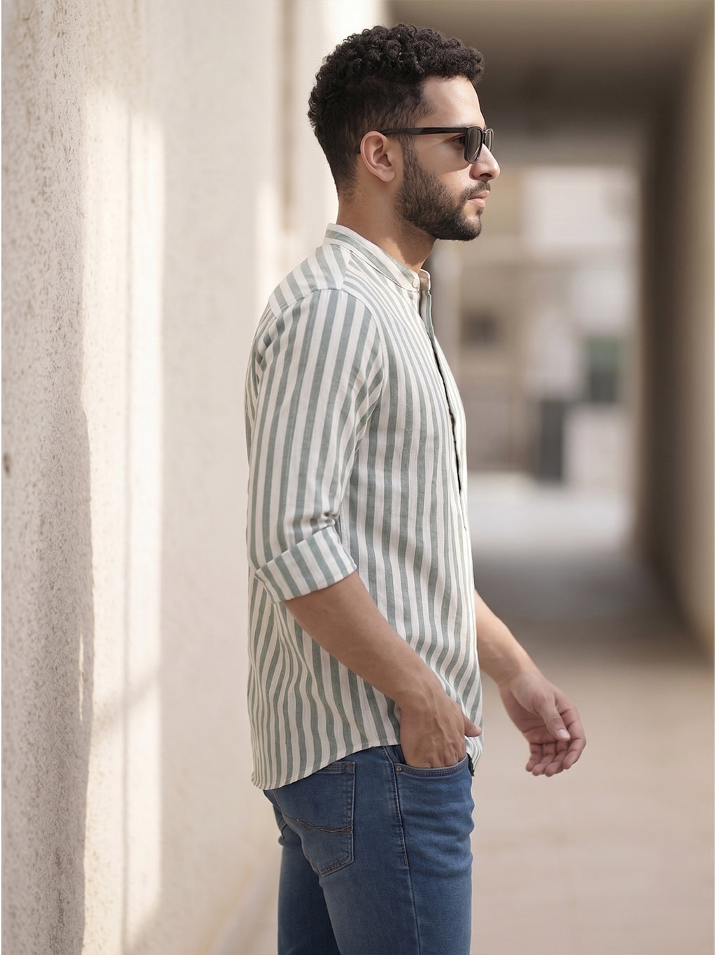 RAY LIGHT Men's Classic Vertical Stripe Cotton Short Kurta – Sage Green & White