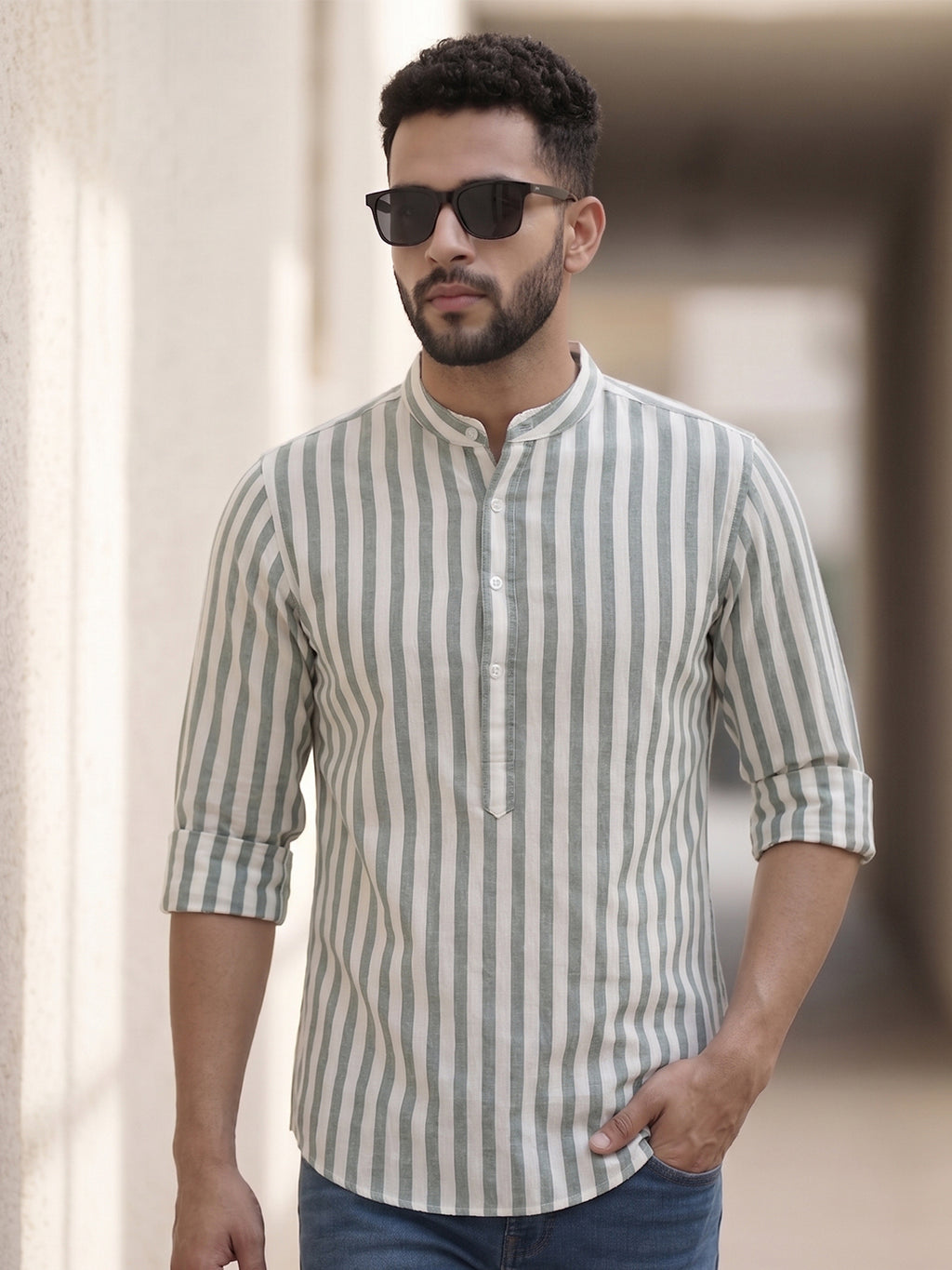 RAY LIGHT Men's Classic Vertical Stripe Cotton Short Kurta – Sage Green & White