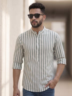 RAY LIGHT Men's Classic Vertical Stripe Cotton Short Kurta – Sage Green & White