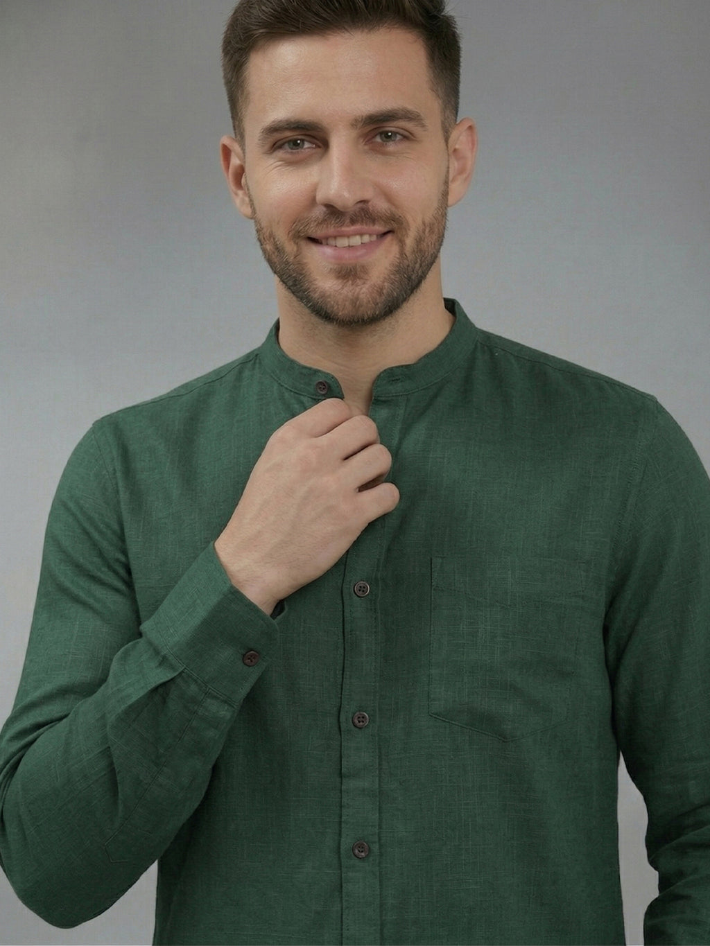 RAY LIGHT Men's Modern Solid Casual Shirt – Chinese Collar with Chest Pocket