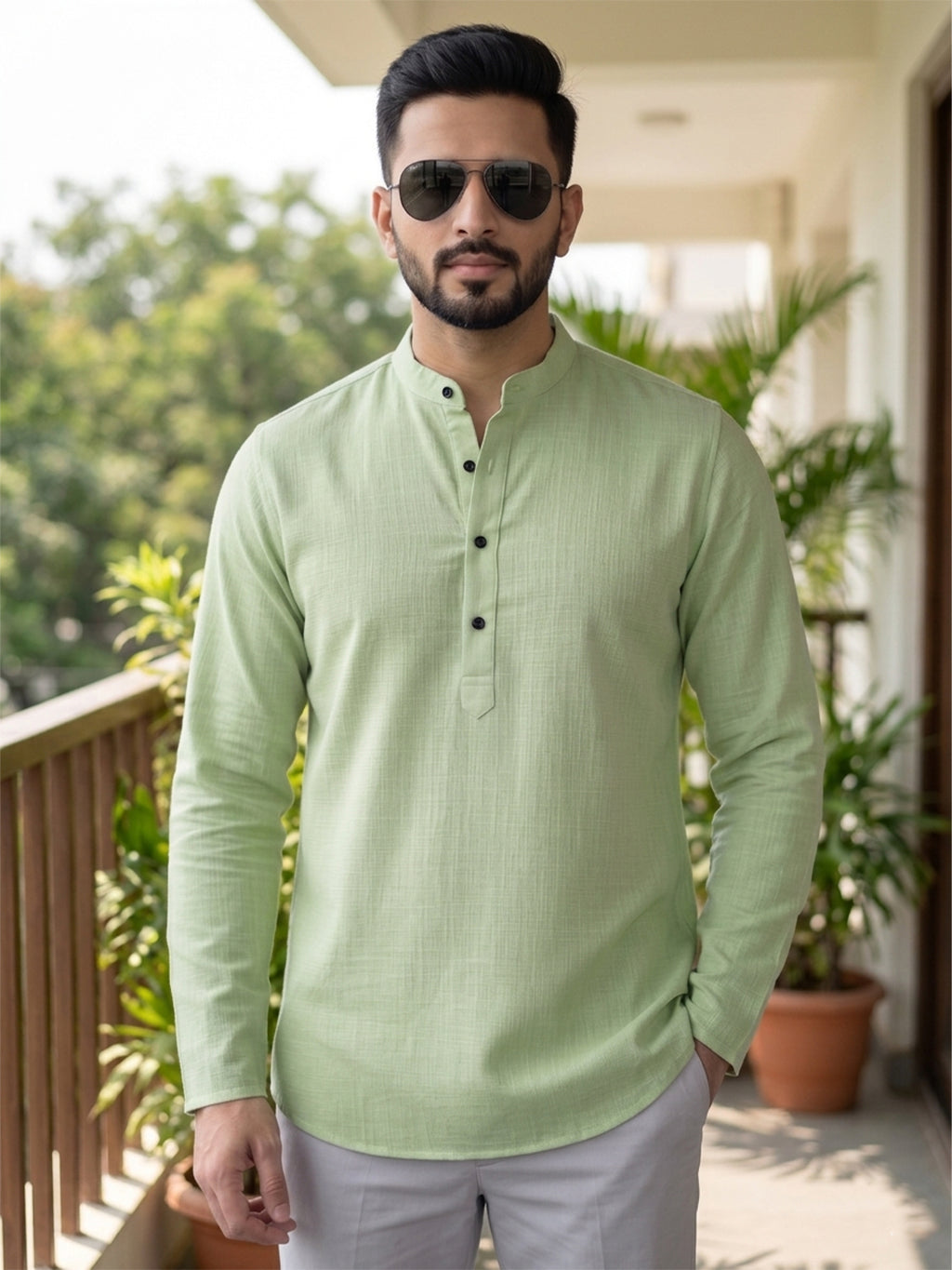 RAY LIGHT Men's Essential Solid Cotton Short Kurta – Sand Beige with Cuffless Sleeves