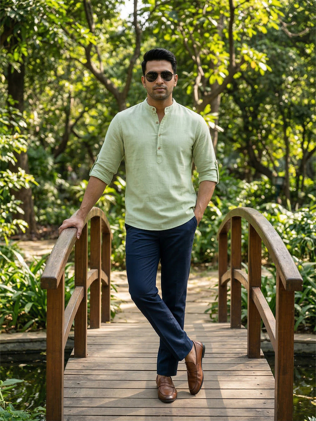 RAY LIGHT Men's 100% Cotton Solid Short Kurta – Mandarin Collar with Roll-Up Sleeves