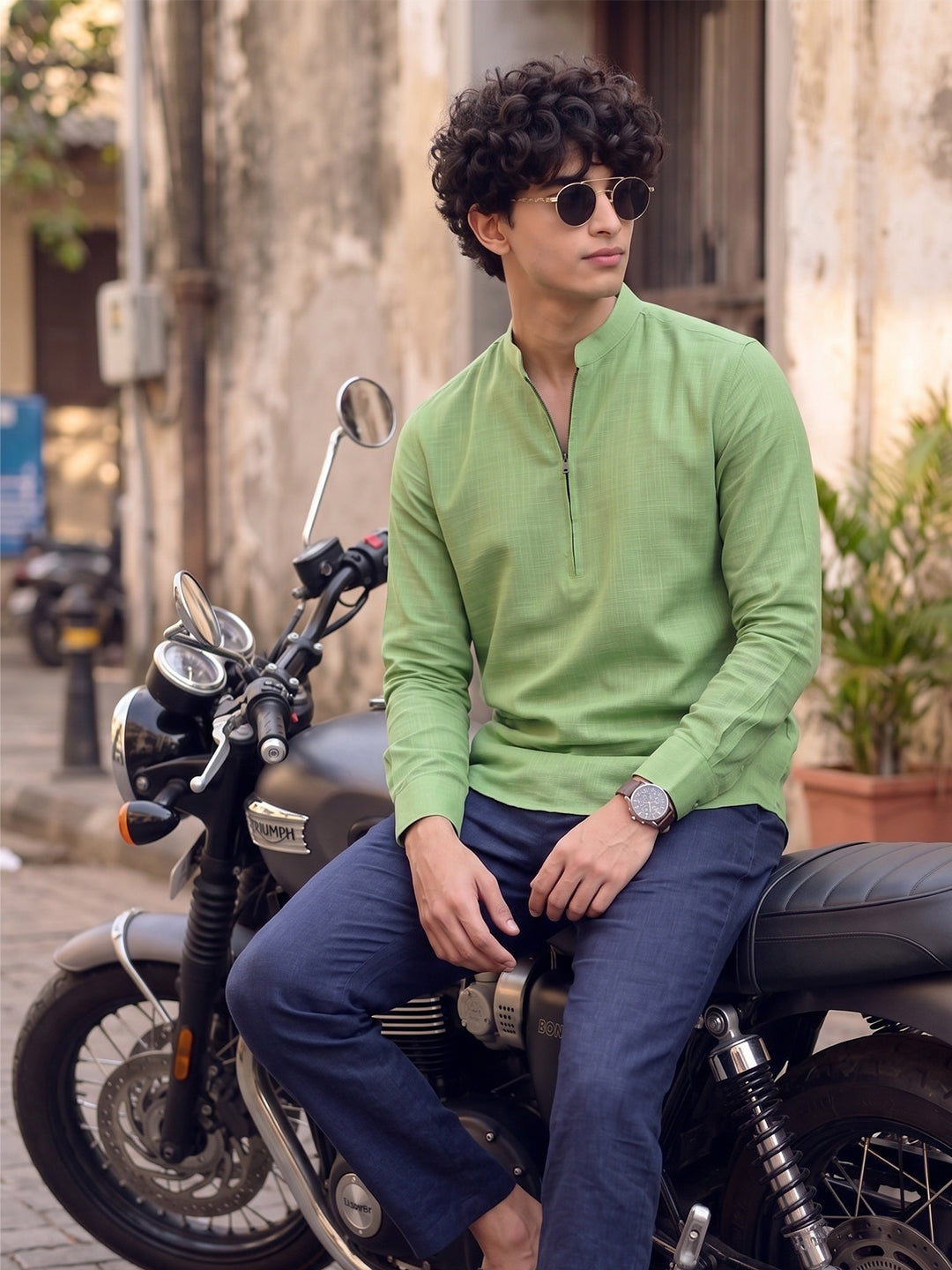 RAY LIGHT Men's Modern Zip-Neck Solid Cotton Short Kurta – Rust Brown