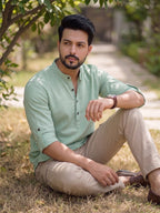Men's Signature 100% Cotton Short Kurta | Mandarin Collar | RAY LIGHT