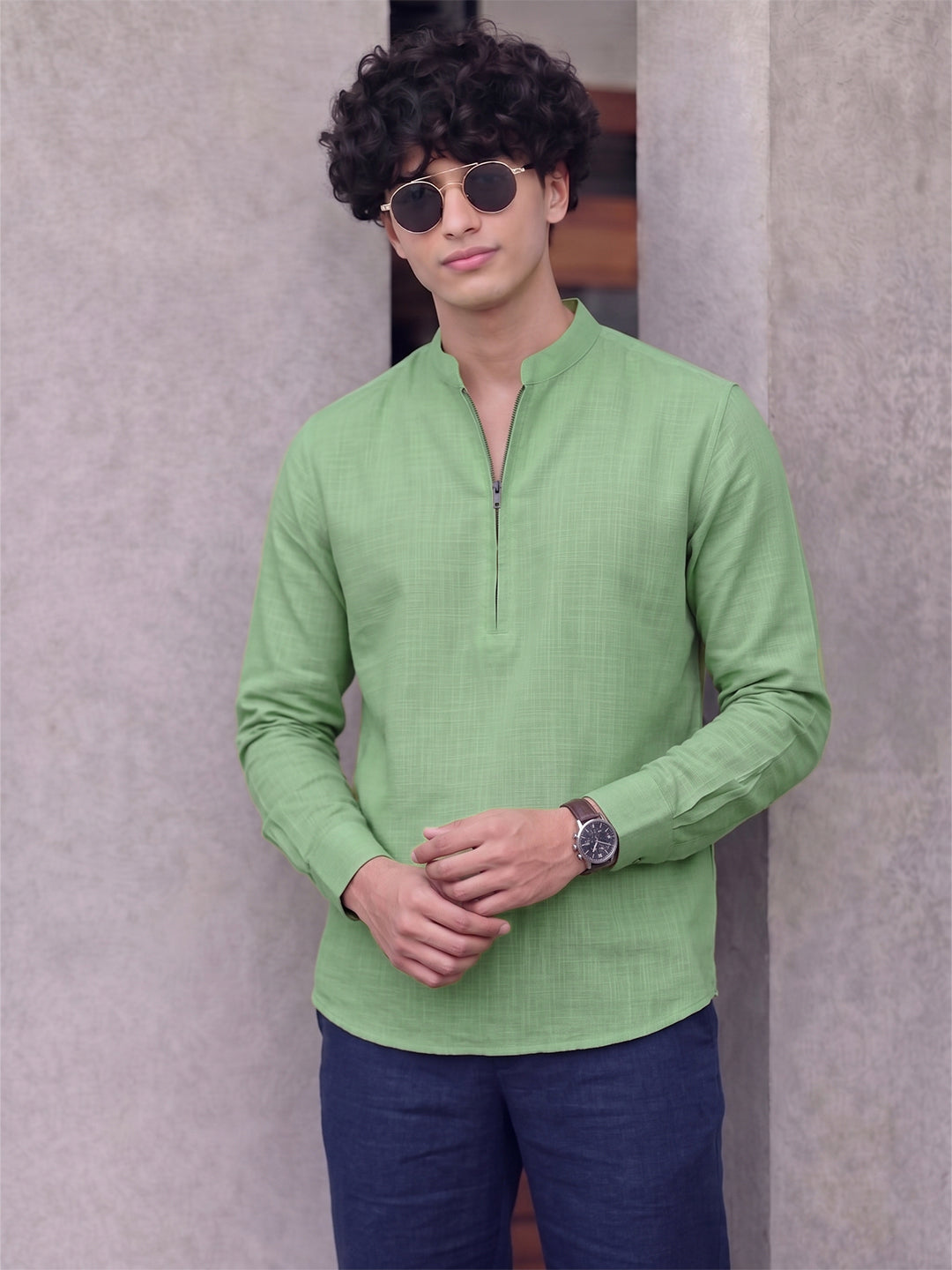 RAY LIGHT Men's Modern Zip-Neck Solid Cotton Short Kurta – Rust Brown
