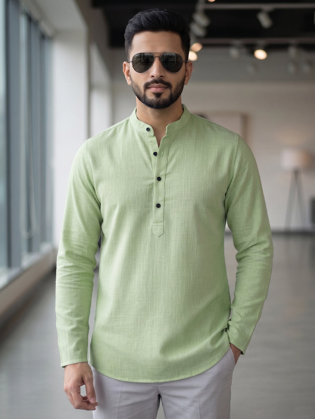 RAY LIGHT Men's Essential Solid Cotton Short Kurta – Sand Beige with Cuffless Sleeves