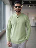 RAY LIGHT Men's Essential Solid Cotton Short Kurta – Sand Beige with Cuffless Sleeves