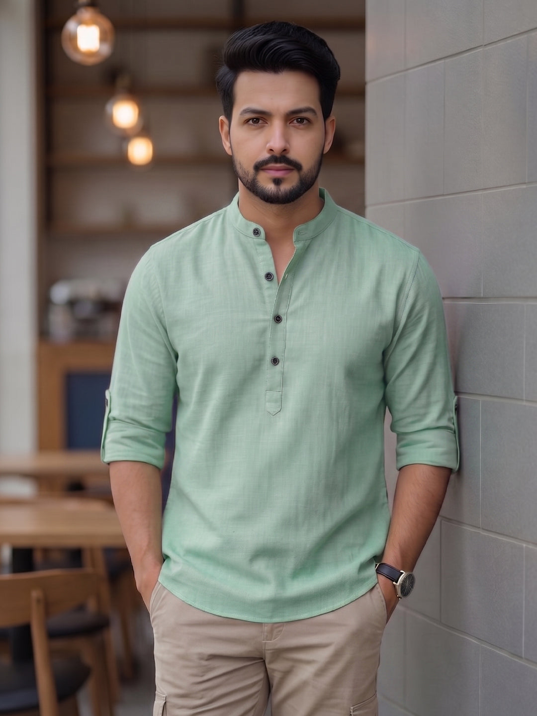 Men's Signature 100% Cotton Short Kurta | Mandarin Collar | RAY LIGHT